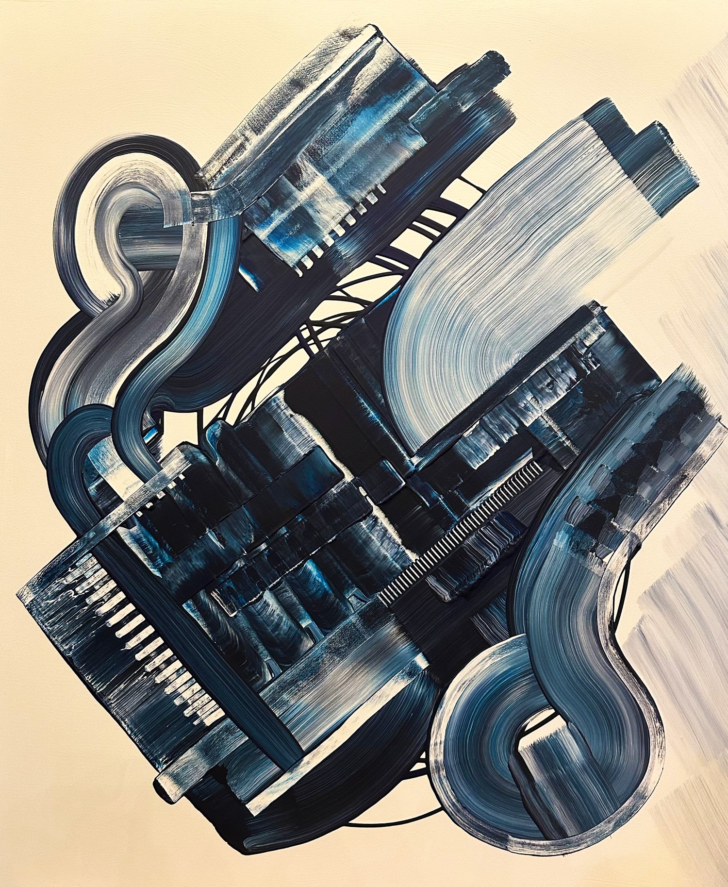 Blue Train, peinture abstraite, Acrylique sur toile de lin, 120 × 100 cm, 2022, Jean Marc Larhantec