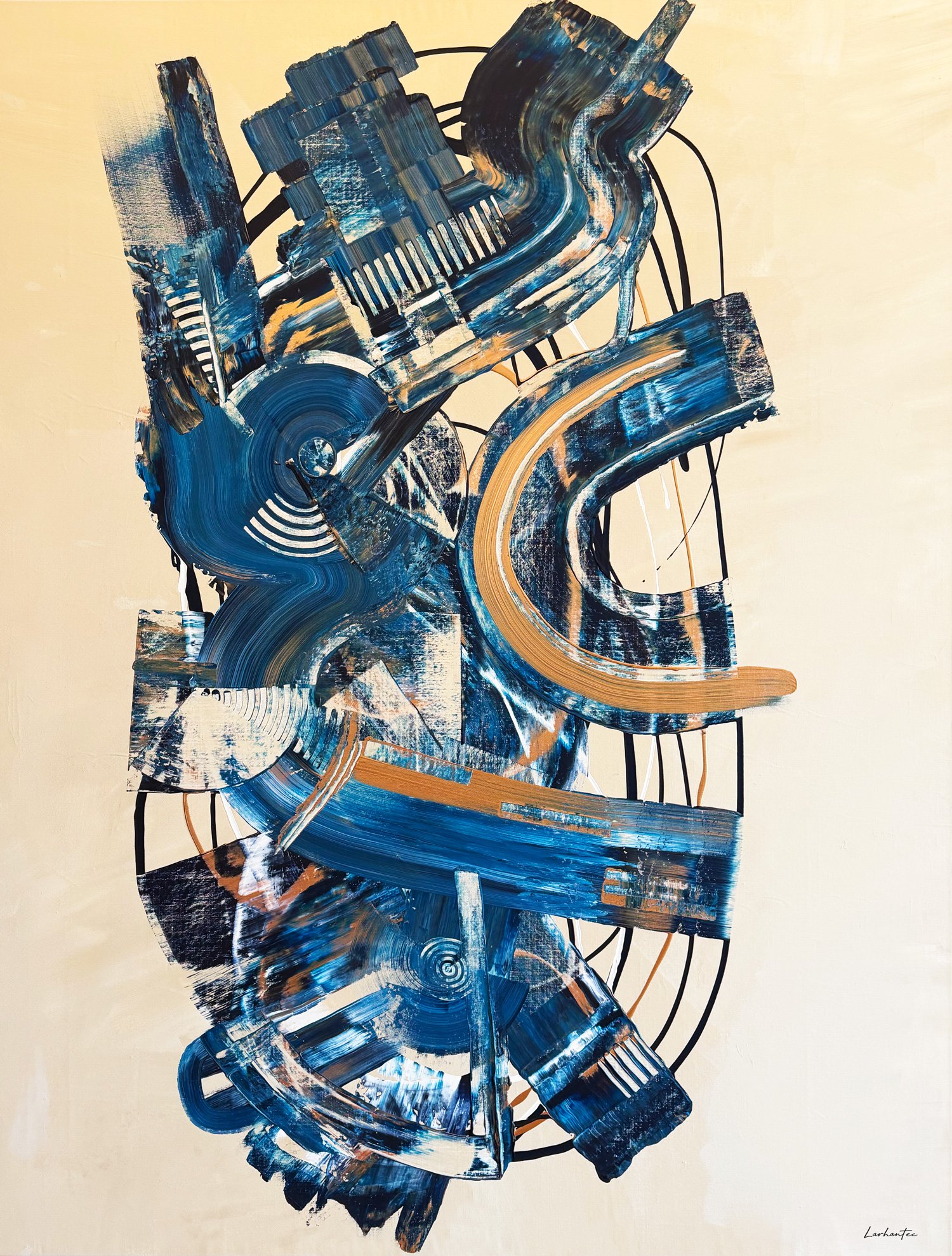 La Mécanique du Cœur, peinture abstraite, Acrylique sur toile de lin, 220 × 168 cm, 2024, Jean Marc Larhantec