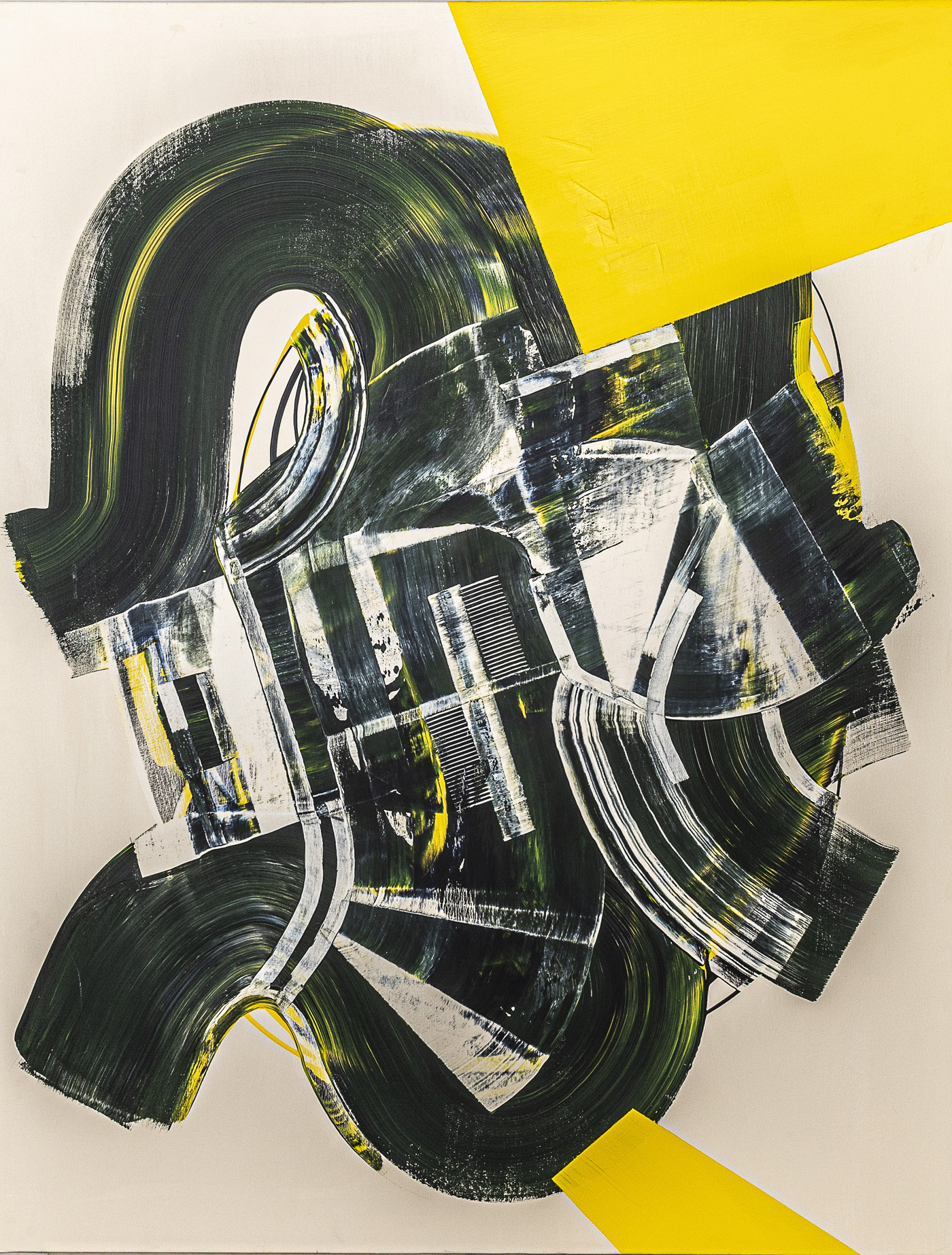Yellow Corner, peinture abstraite, Acrylique sur toile de lin, 146 x 114 cm, 2023, Jean Marc Larhantec