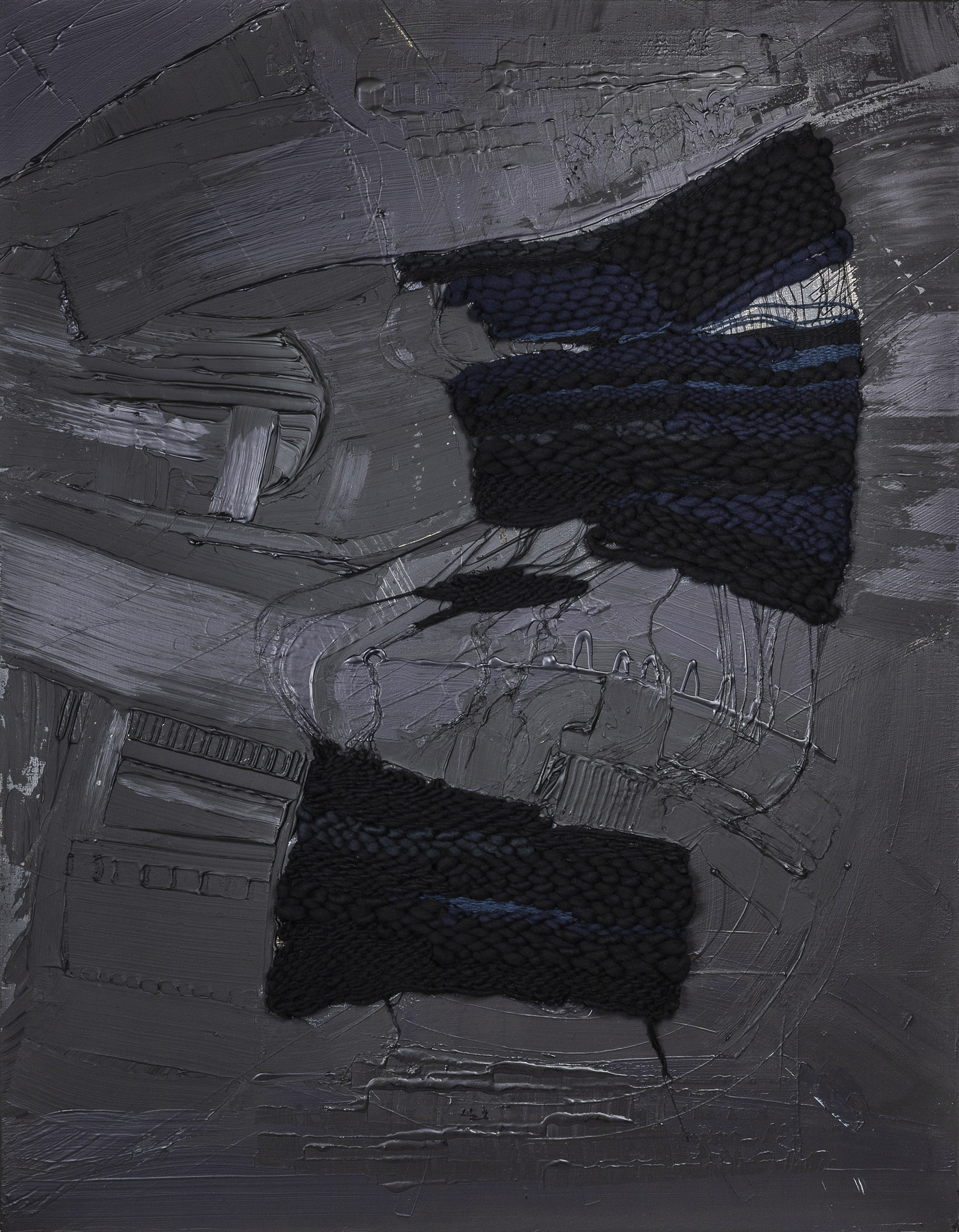 Interlaced Authority, peinture abstraite, Acrylique, Médiums & Laine Mérinos Tissée Sur Toile De Lin, 146 x 114 cm, 2025, Jean Marc Larhantec